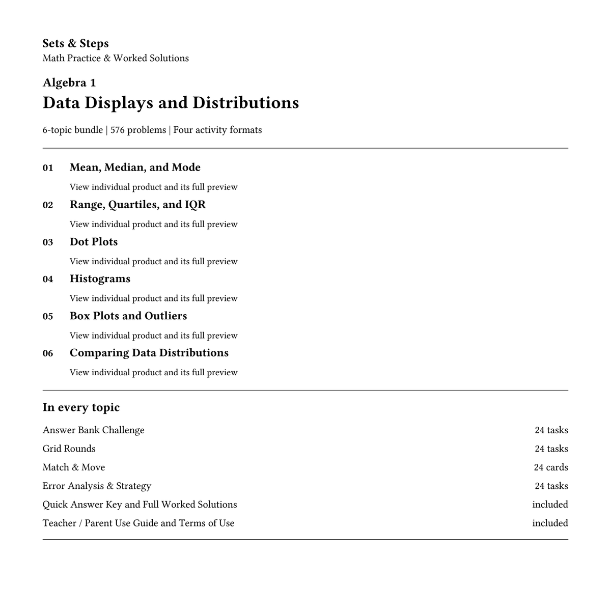 Data Displays and Distributions | 6-Topic Algebra 1 Bundle — 01_Cover.png