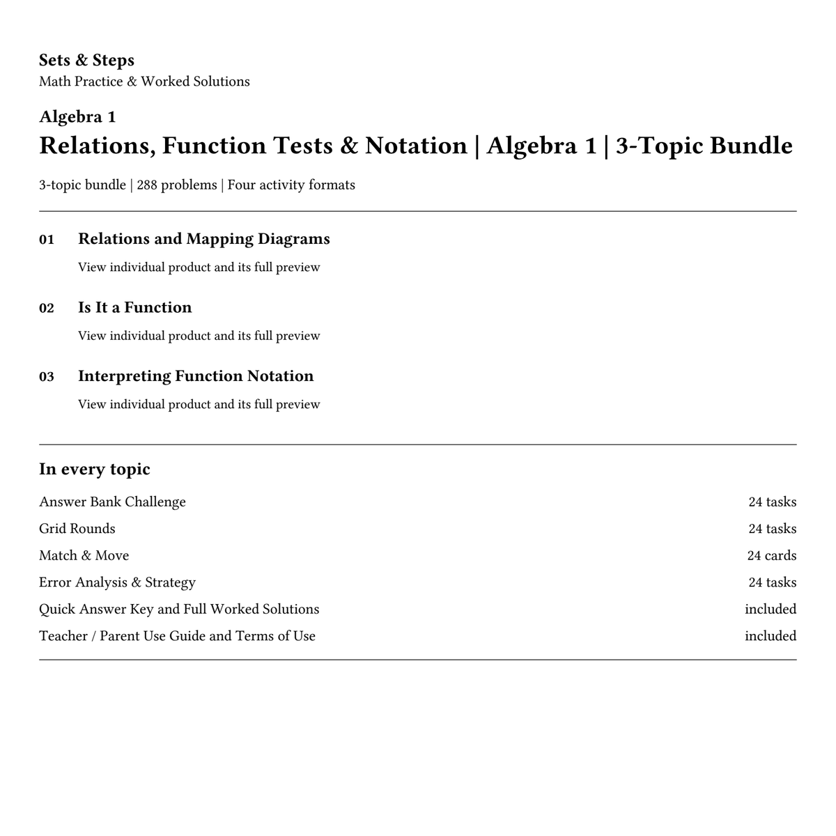 Relations, Function Tests & Notation | Algebra 1 | 3-Topic Bundle — 01_Cover.png