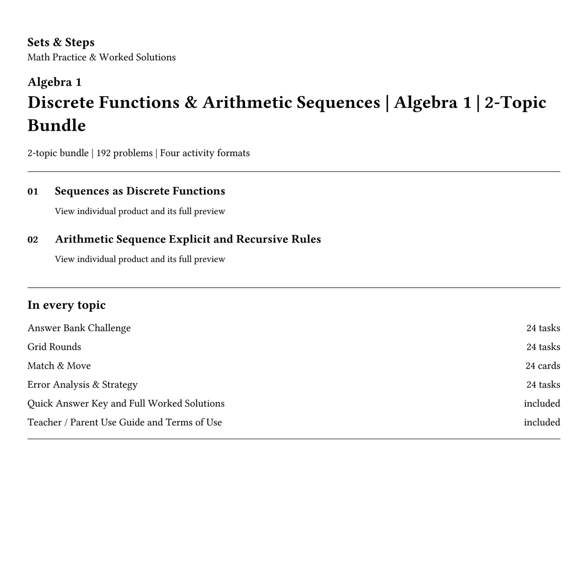 Discrete Functions & Arithmetic Sequences | Algebra 1 | 2-Topic Bundle — 01_Cover.png