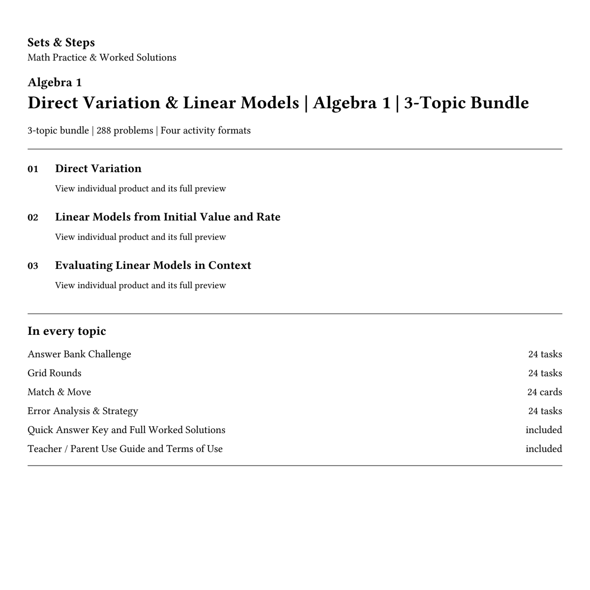 Direct Variation & Linear Models | Algebra 1 | 3-Topic Bundle — 01_Cover.png