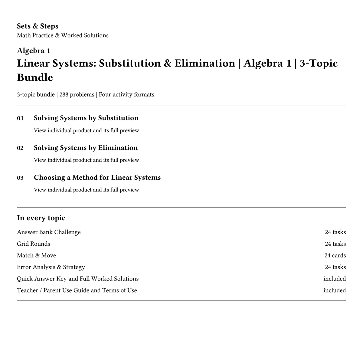 Linear Systems: Substitution & Elimination | Algebra 1 | 3-Topic Bundle — 01_Cover.png