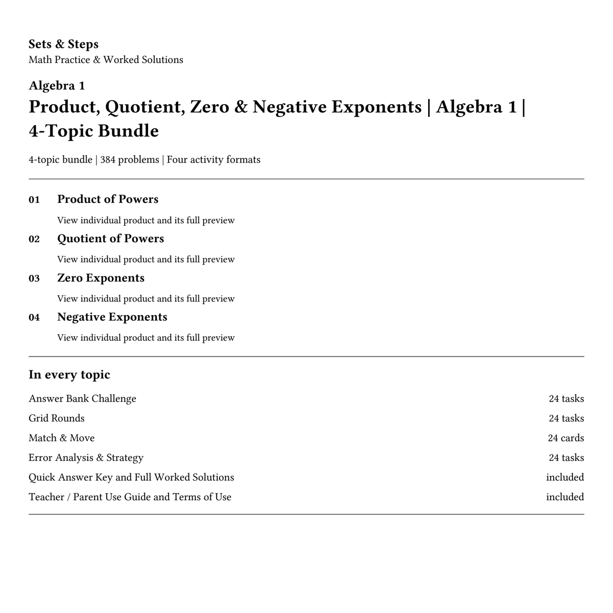 Product, Quotient, Zero & Negative Exponents | Algebra 1 | 4-Topic Bundle — 01_Cover.png