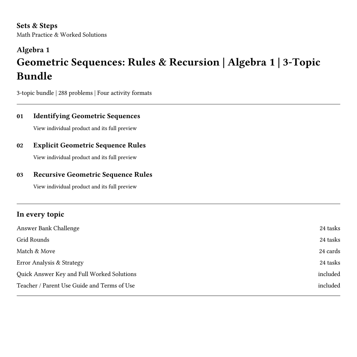 Geometric Sequences: Rules & Recursion | Algebra 1 | 3-Topic Bundle — 01_Cover.png