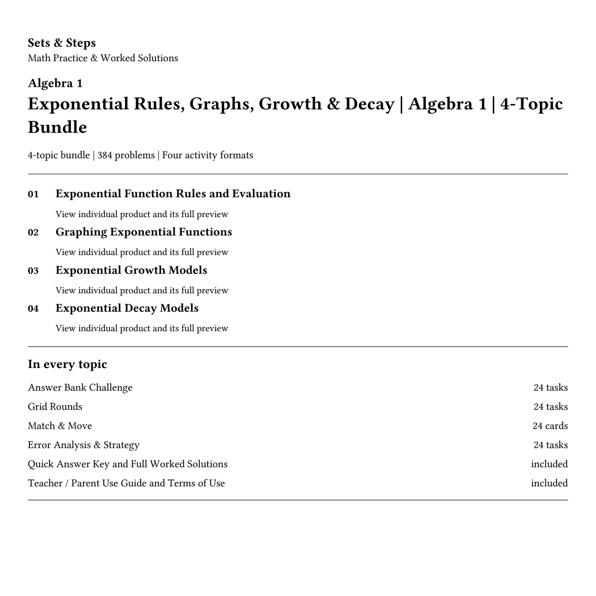Exponential Rules, Graphs, Growth & Decay | Algebra 1 | 4-Topic Bundle — 01_Cover.png