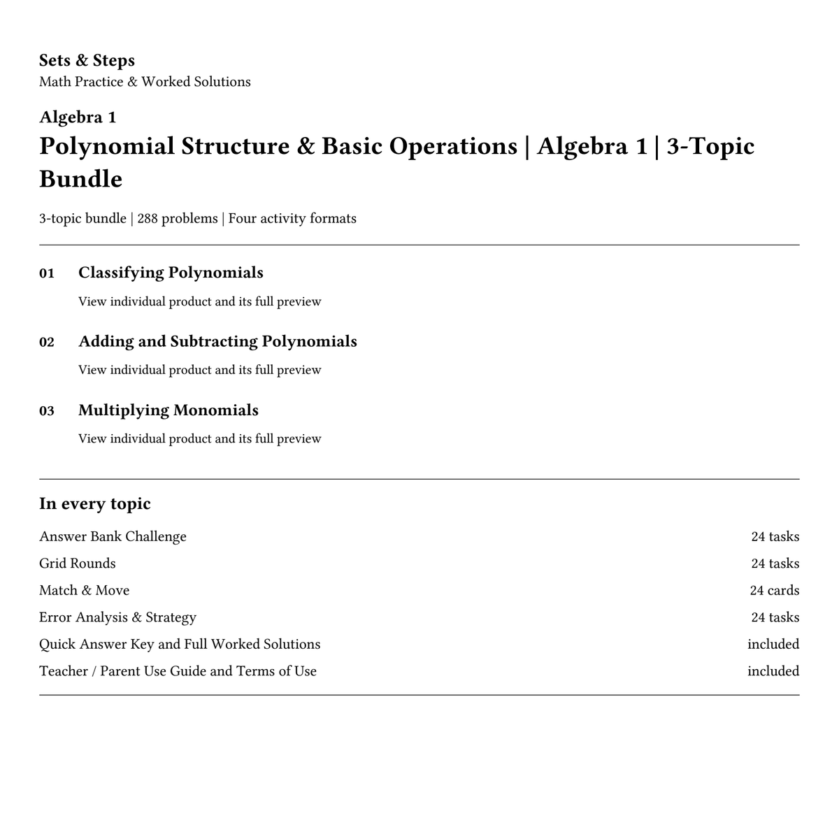 Polynomial Structure & Basic Operations | Algebra 1 | 3-Topic Bundle — 01_Cover.png