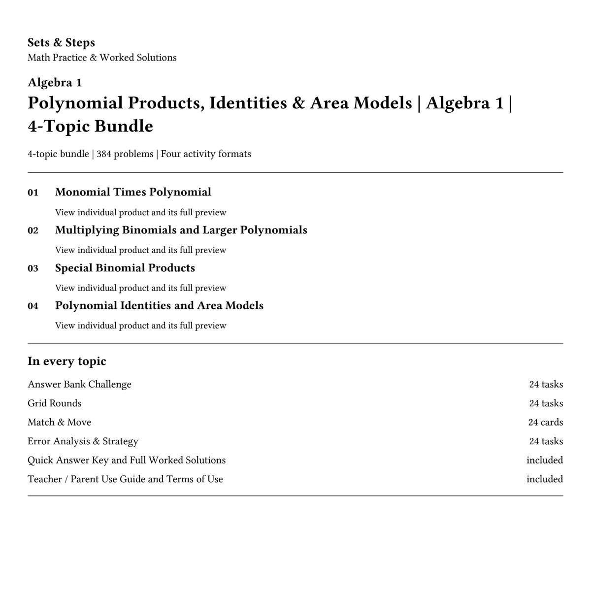 Polynomial Products, Identities & Area Models | Algebra 1 | 4-Topic Bundle — 01_Cover.png