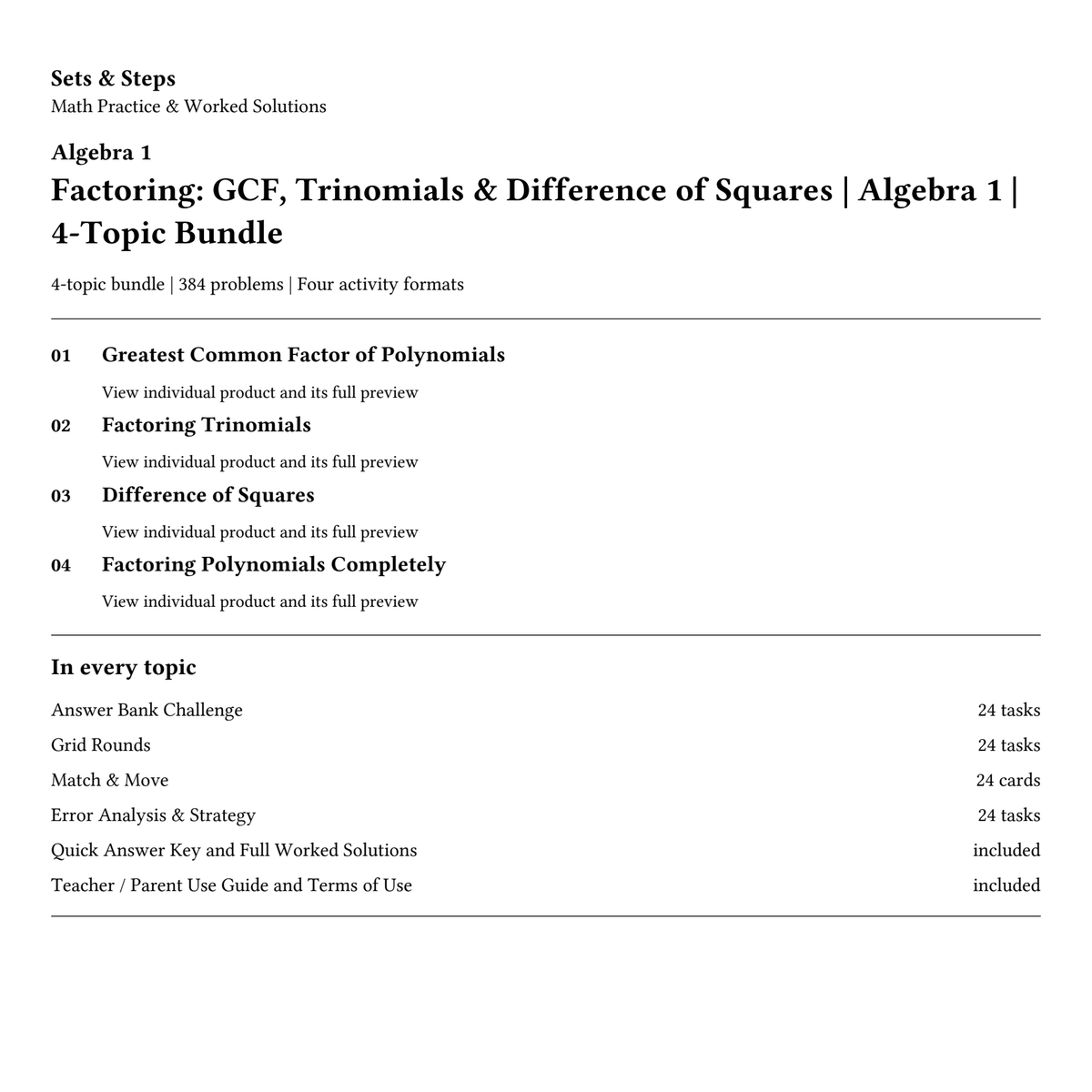 Factoring: GCF, Trinomials & Difference of Squares | Algebra 1 | 4-Topic Bundle — 01_Cover.png