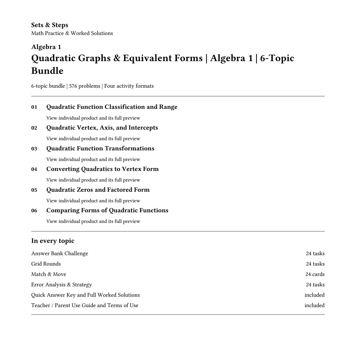 Quadratic Graphs & Equivalent Forms | Algebra 1 | 6-Topic Bundle — 01_Cover.png