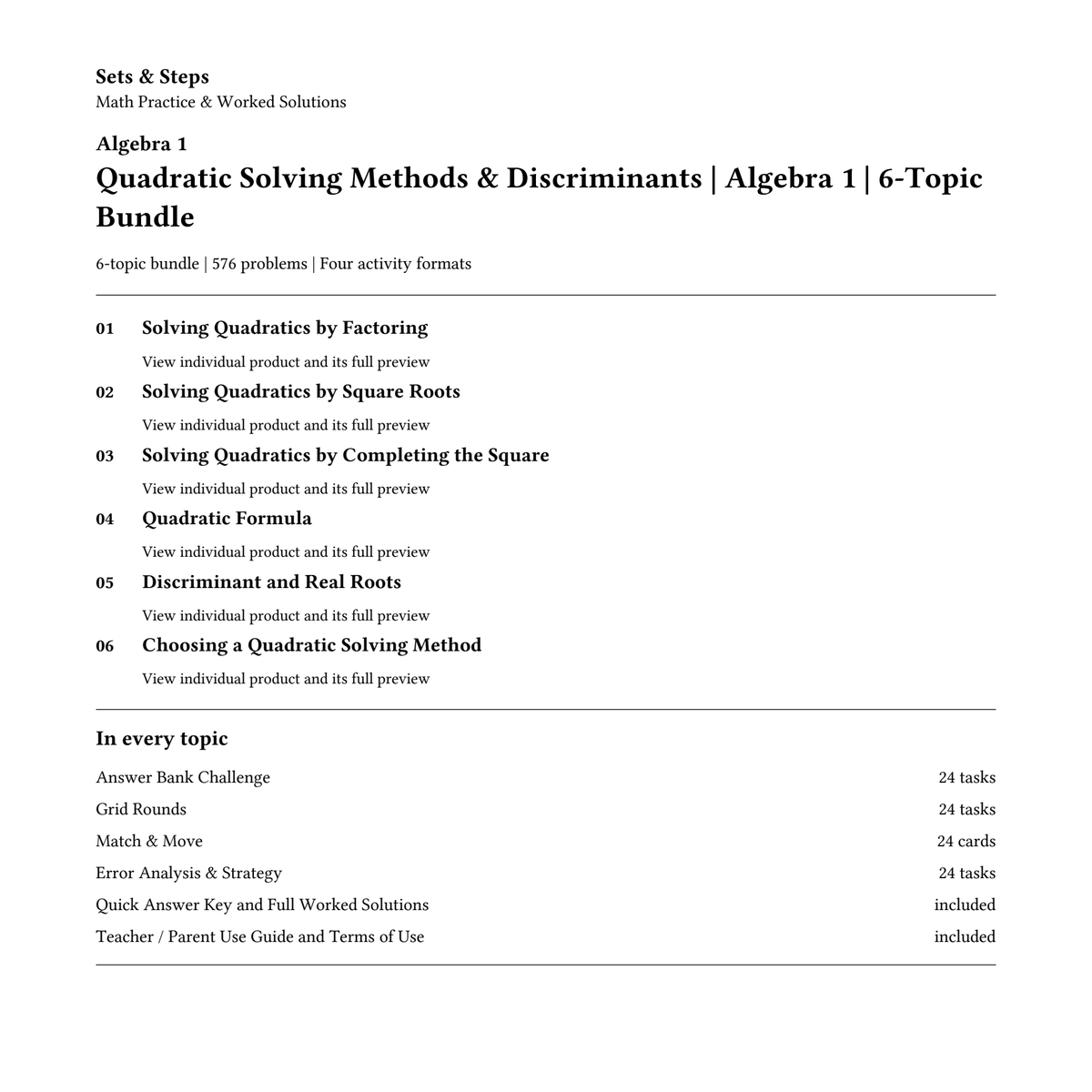 Quadratic Solving Methods & Discriminants | Algebra 1 | 6-Topic Bundle — 01_Cover.png
