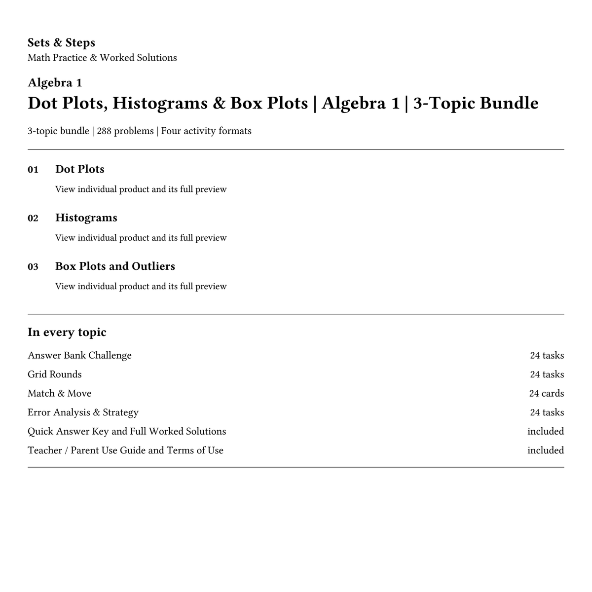 Dot Plots, Histograms & Box Plots | Algebra 1 | 3-Topic Bundle — 01_Cover.png