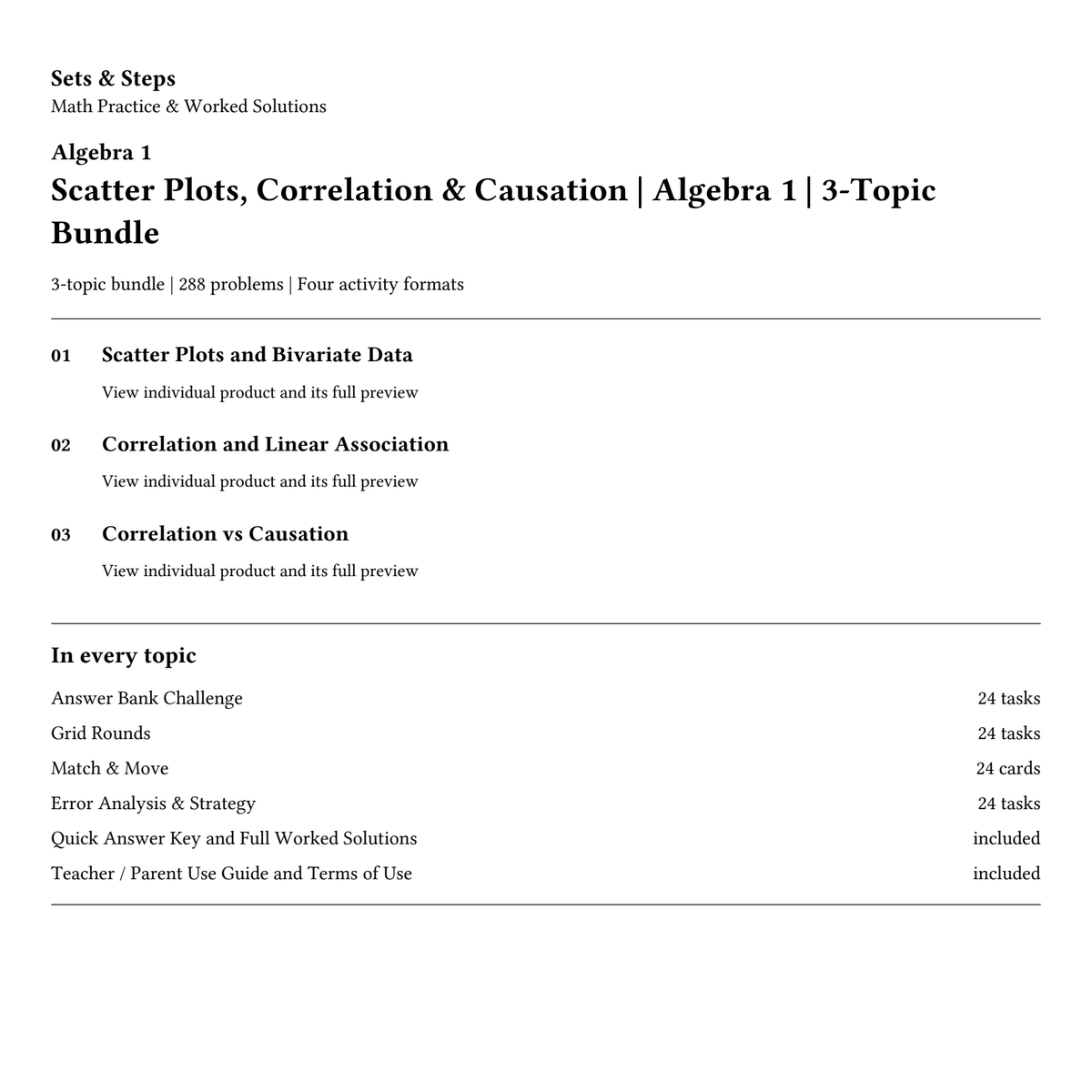 Scatter Plots, Correlation & Causation | Algebra 1 | 3-Topic Bundle — 01_Cover.png