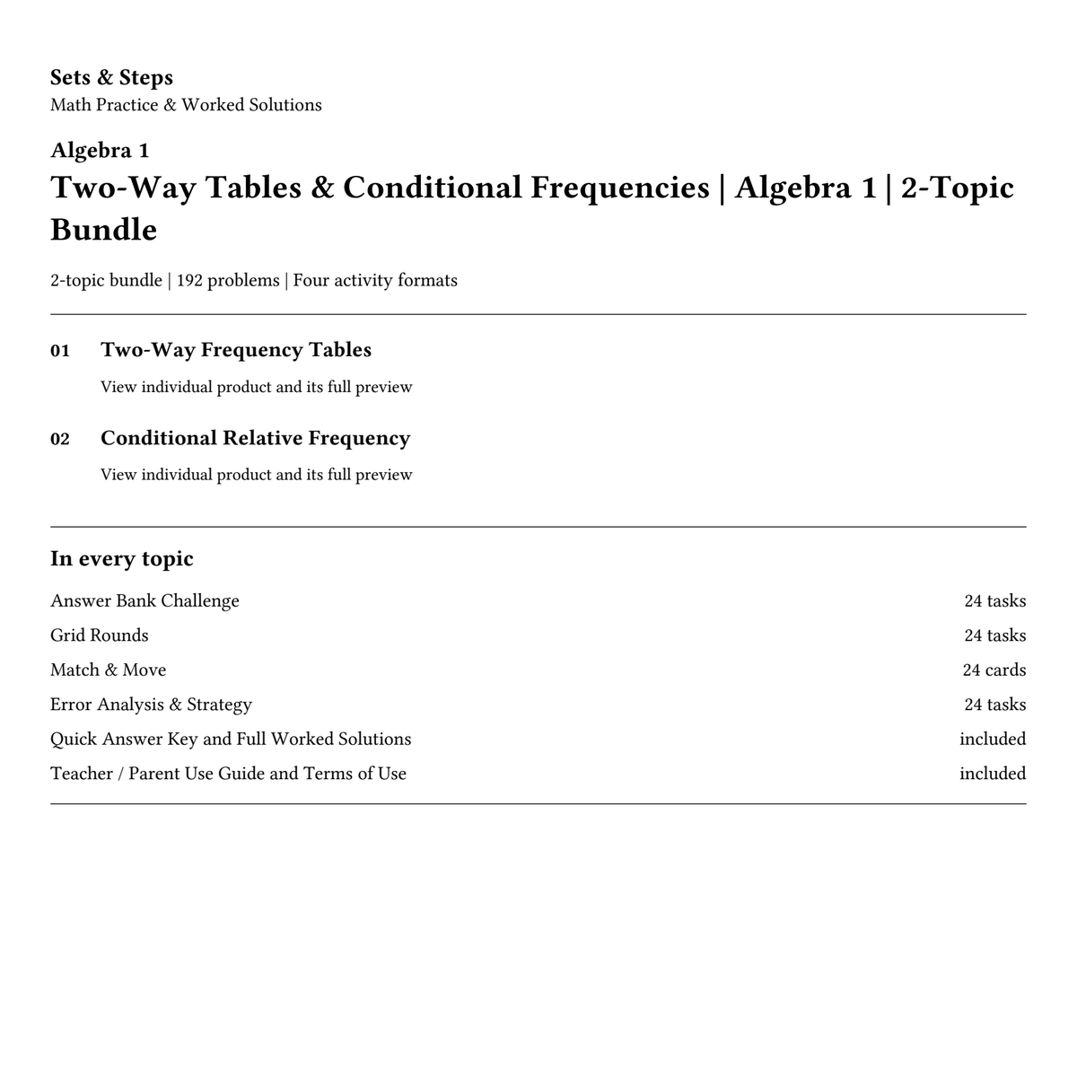 Two-Way Tables & Conditional Frequencies | Algebra 1 | 2-Topic Bundle — 01_Cover.png