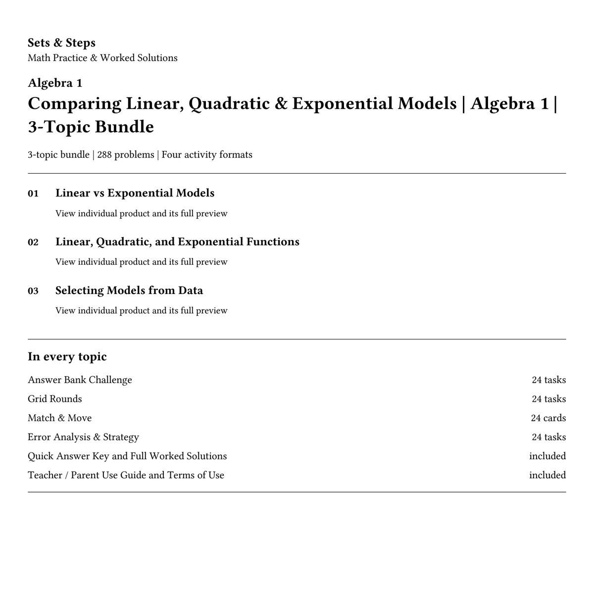 Comparing Linear, Quadratic & Exponential Models | Algebra 1 | 3-Topic Bundle — 01_Cover.png