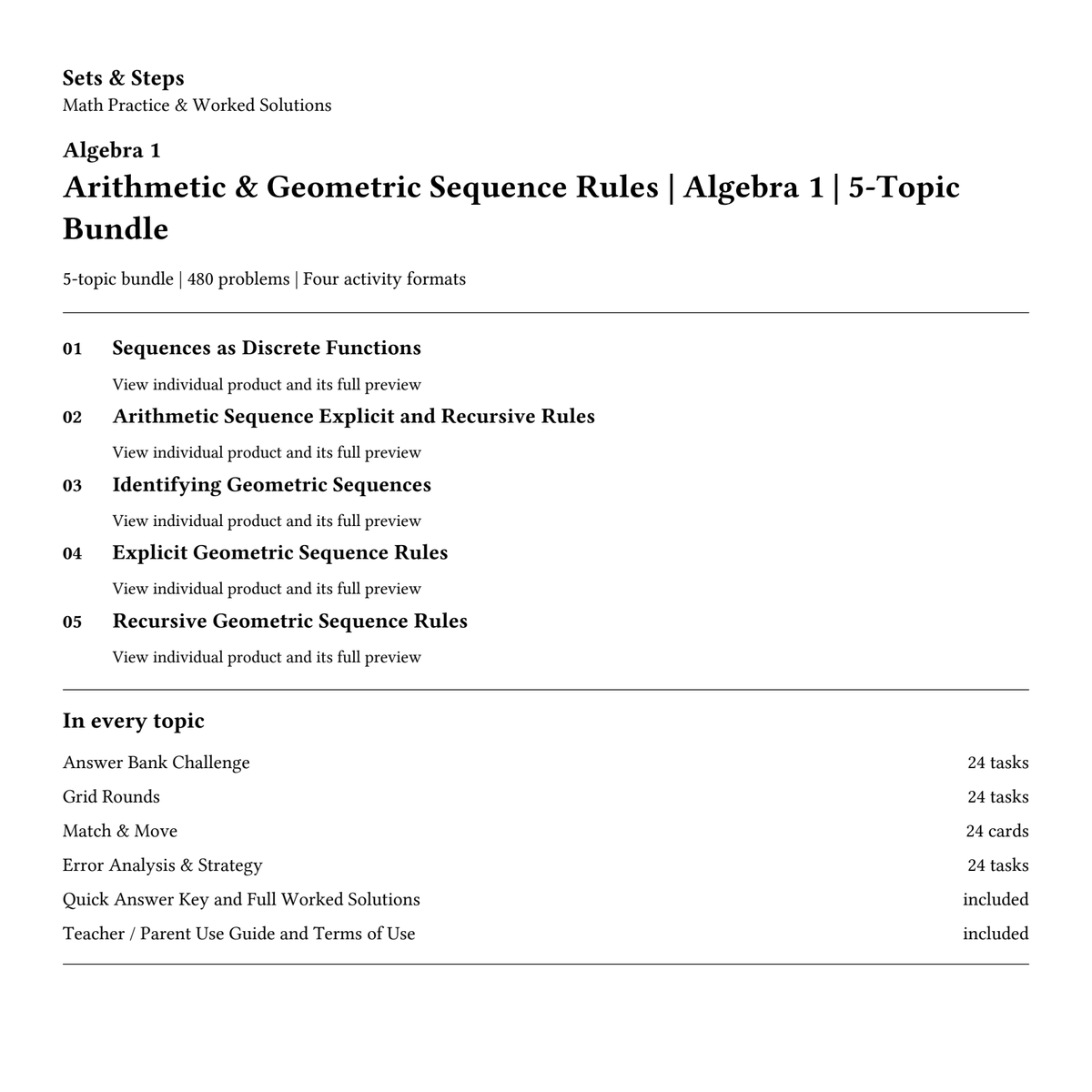 Arithmetic & Geometric Sequence Rules | Algebra 1 | 5-Topic Bundle — 01_Cover.png