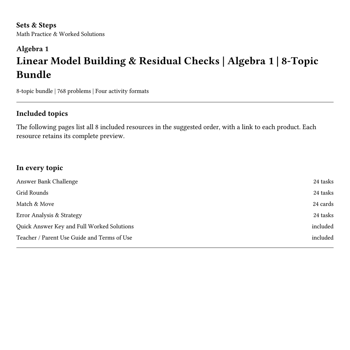 Linear Model Building & Residual Checks | Algebra 1 | 8-Topic Bundle — 01_Cover.png