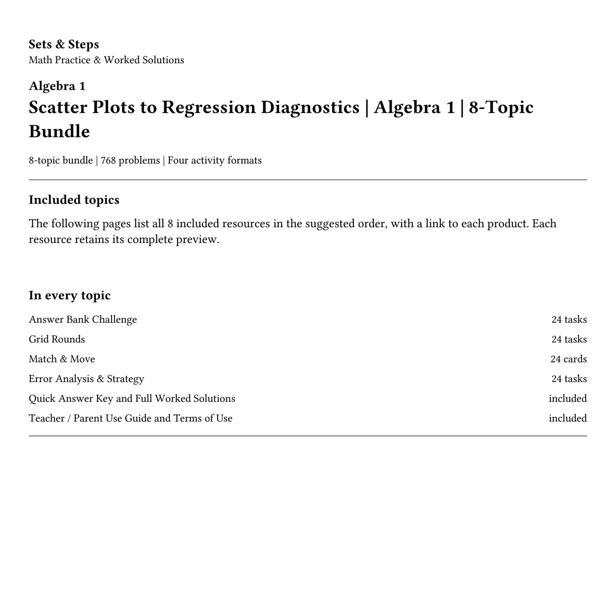 Scatter Plots to Regression Diagnostics | Algebra 1 | 8-Topic Bundle — 01_Cover.png