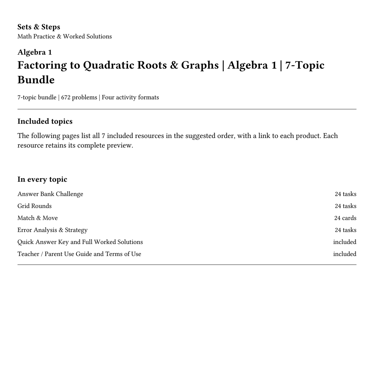 Factoring to Quadratic Roots & Graphs | Algebra 1 | 7-Topic Bundle — 01_Cover.png