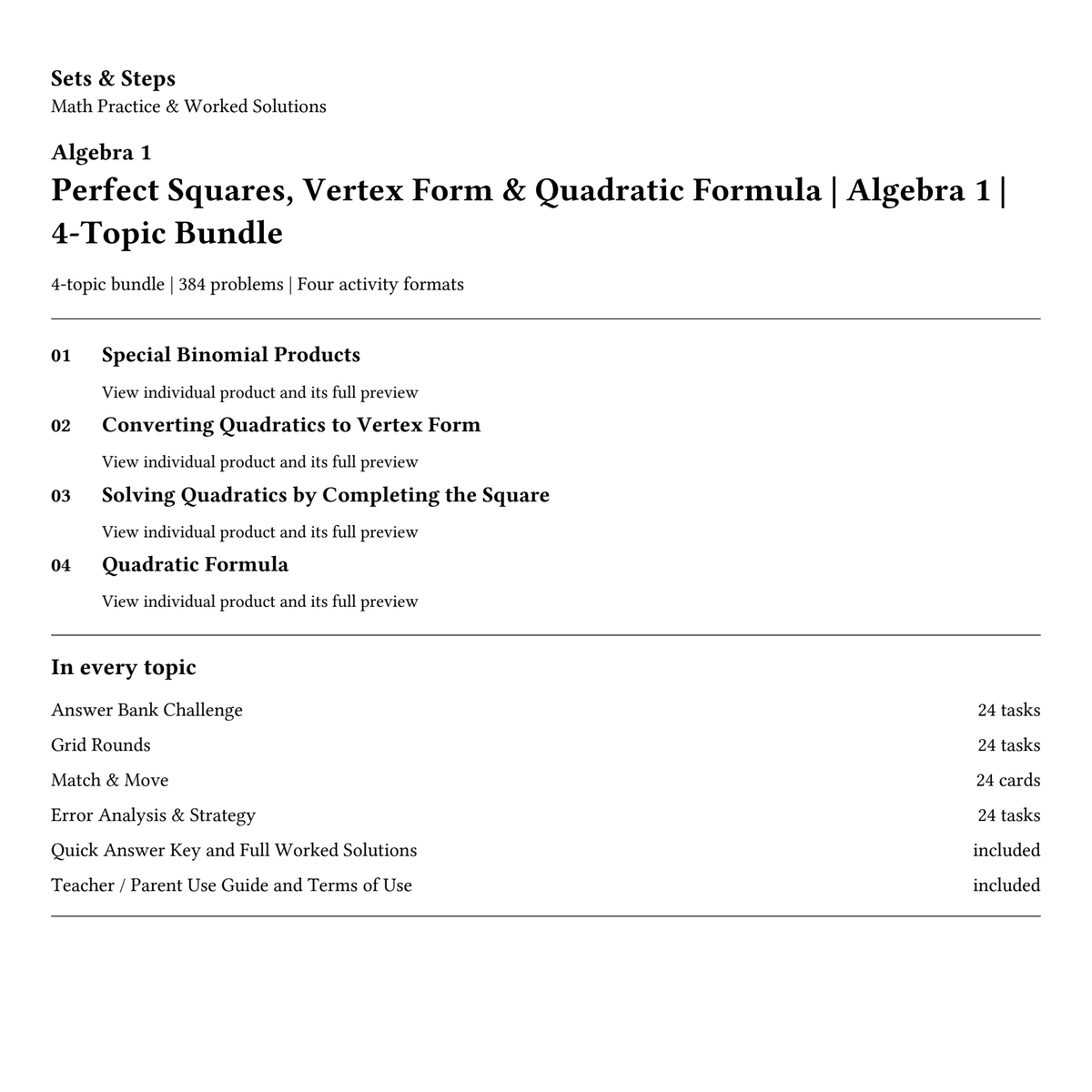 Perfect Squares, Vertex Form & Quadratic Formula | Algebra 1 | 4-Topic Bundle — 01_Cover.png
