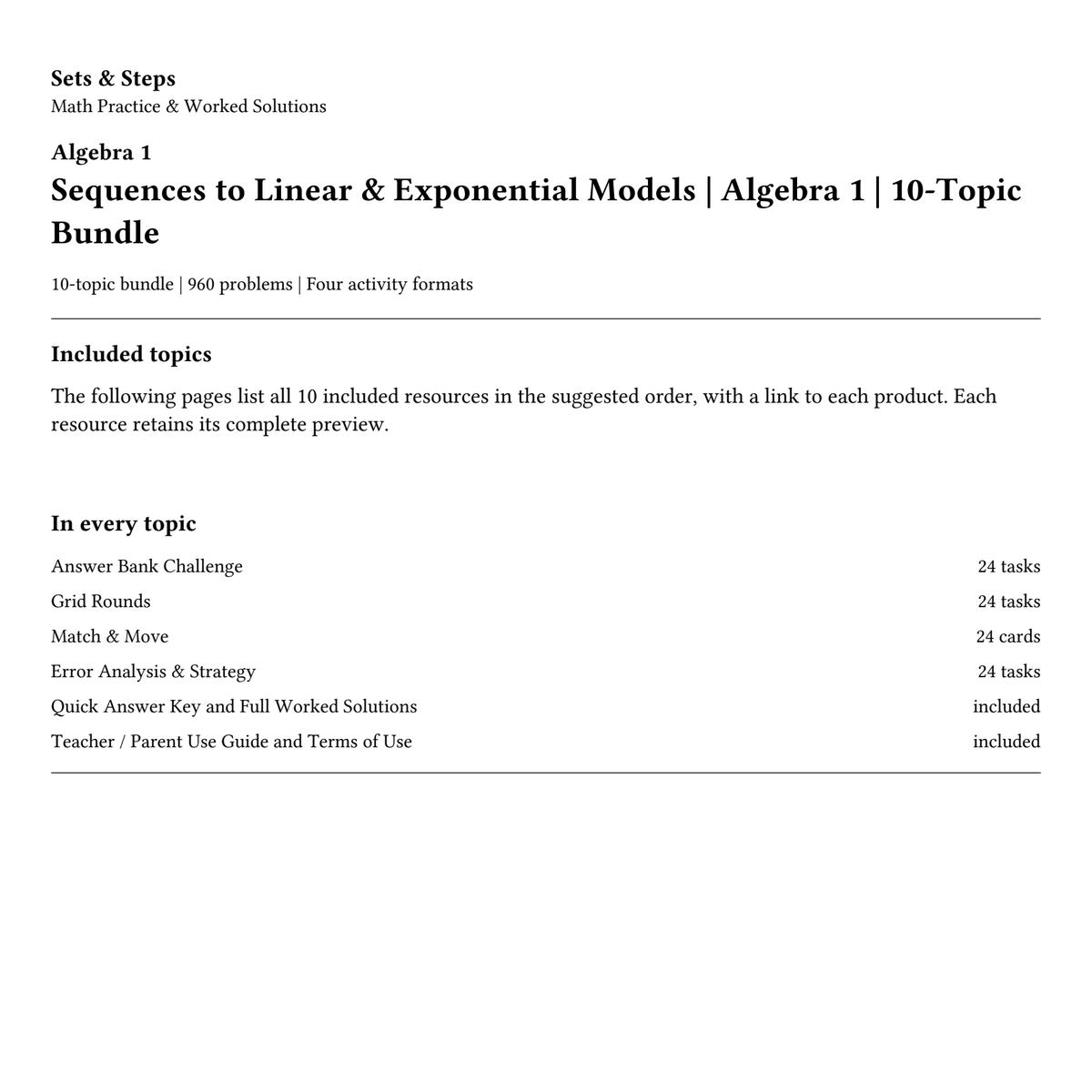 Sequences to Linear & Exponential Models | Algebra 1 | 10-Topic Bundle — 01_Cover.png