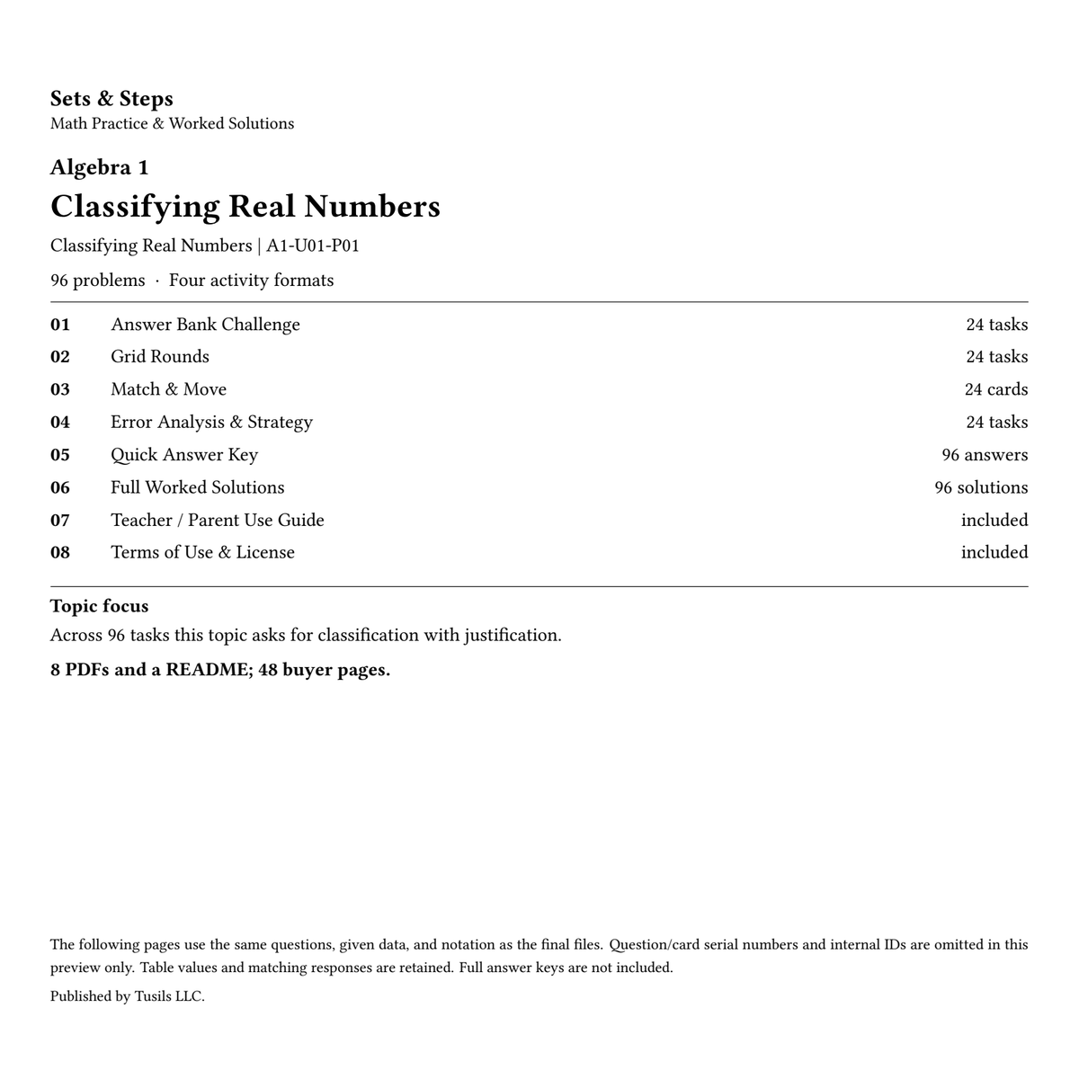 Classifying Real Numbers | Algebra 1 | 96 Problems — 01_Cover.png