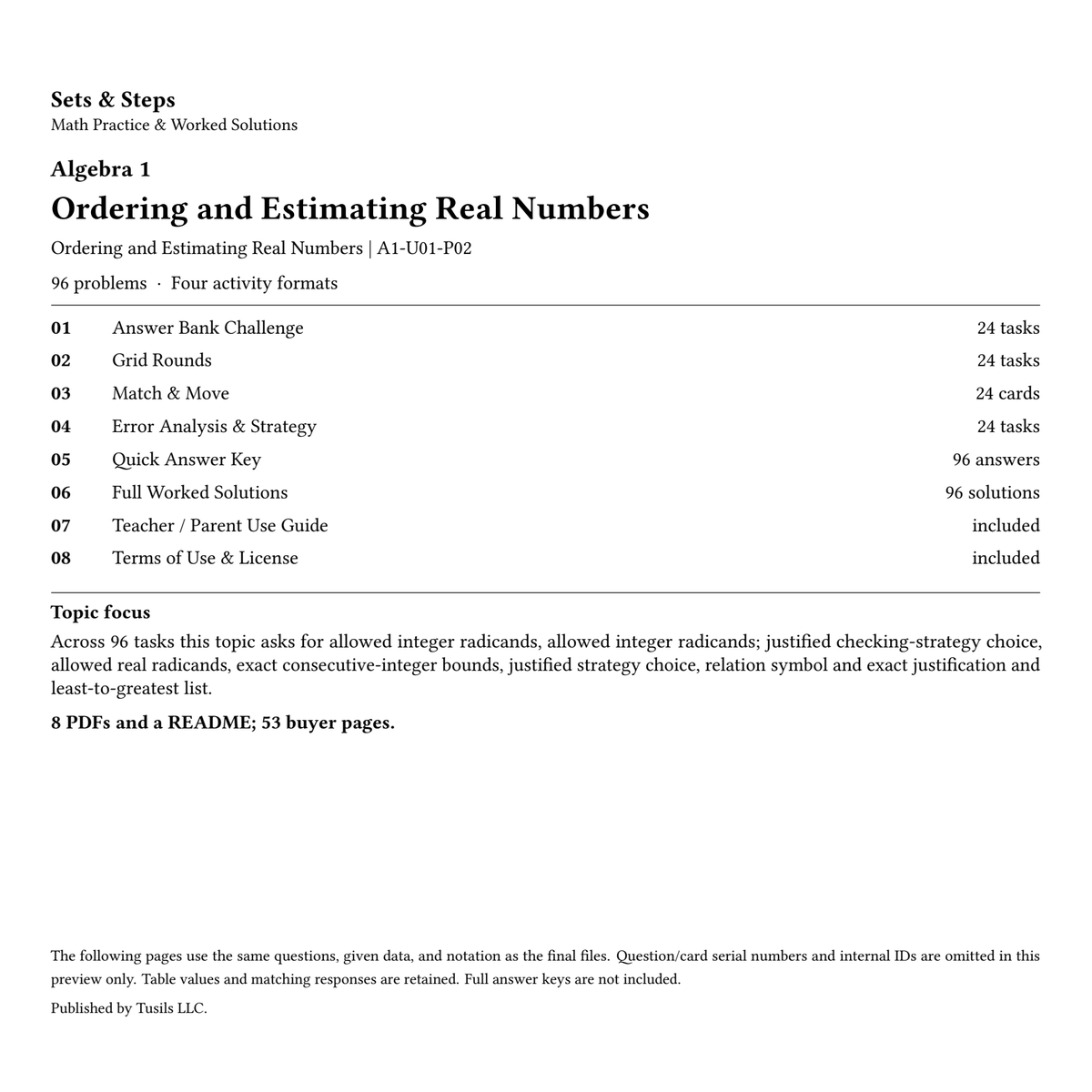 Ordering and Estimating Real Numbers | Algebra 1 | 96 Problems — 01_Cover.png