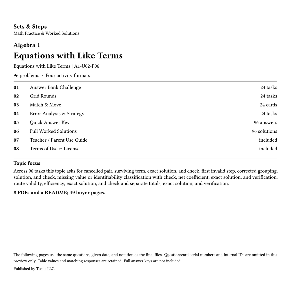 Equations with Like Terms | Algebra 1 | 96 Problems — 01_Cover.png