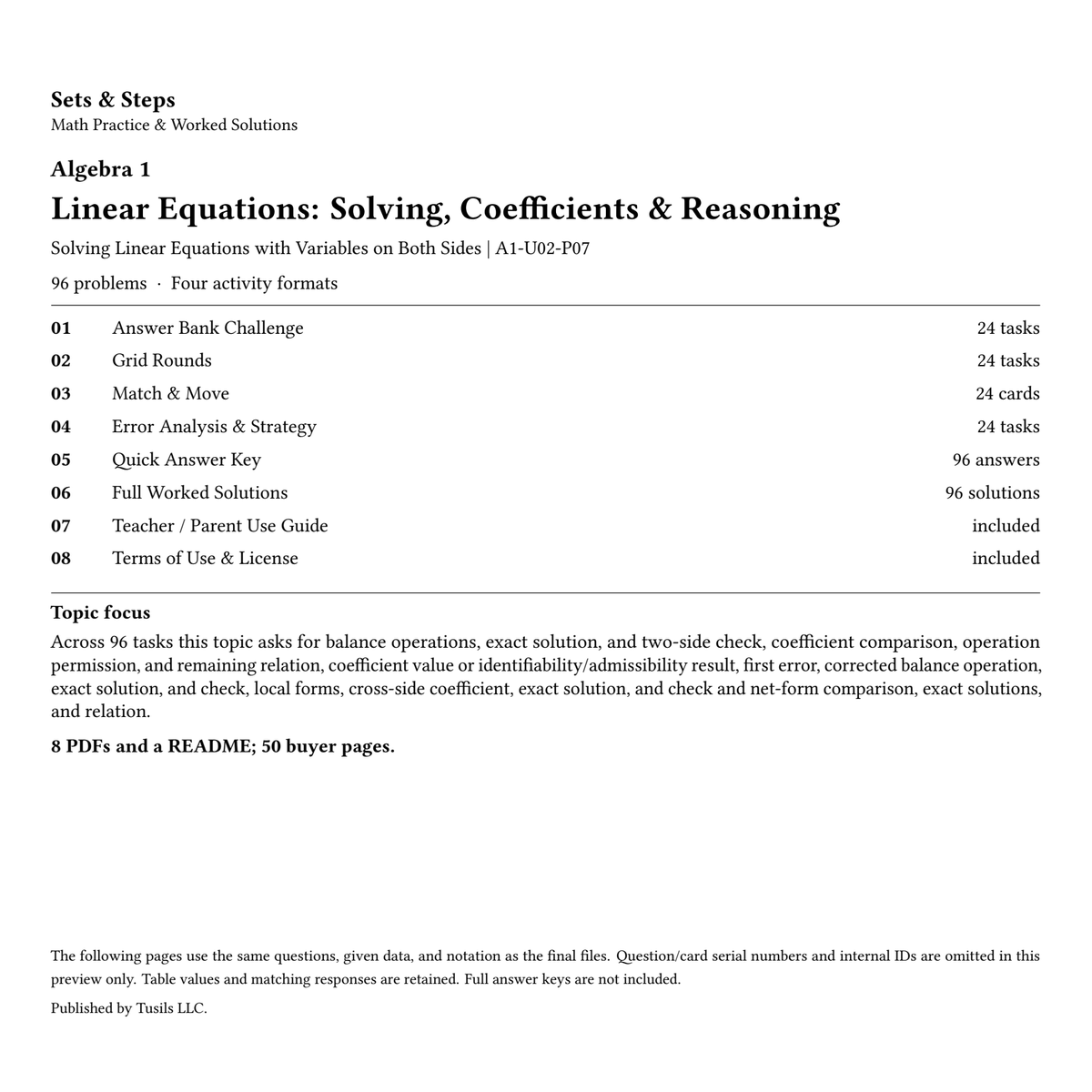Linear Equations: Solving, Coefficients & Reasoning | Algebra 1 | 96 Problems — 01_Cover.png