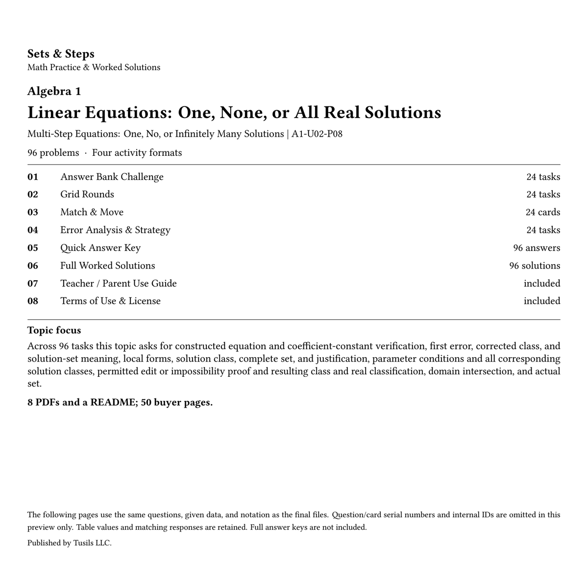 Linear Equations: One, None, or All Real Solutions | Algebra 1 | 96 Problems — 01_Cover.png