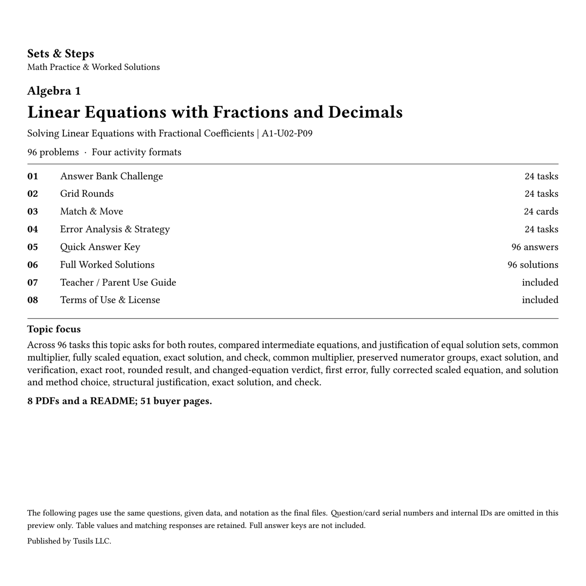 Linear Equations with Fractions and Decimals | Algebra 1 | 96 Problems — 01_Cover.png