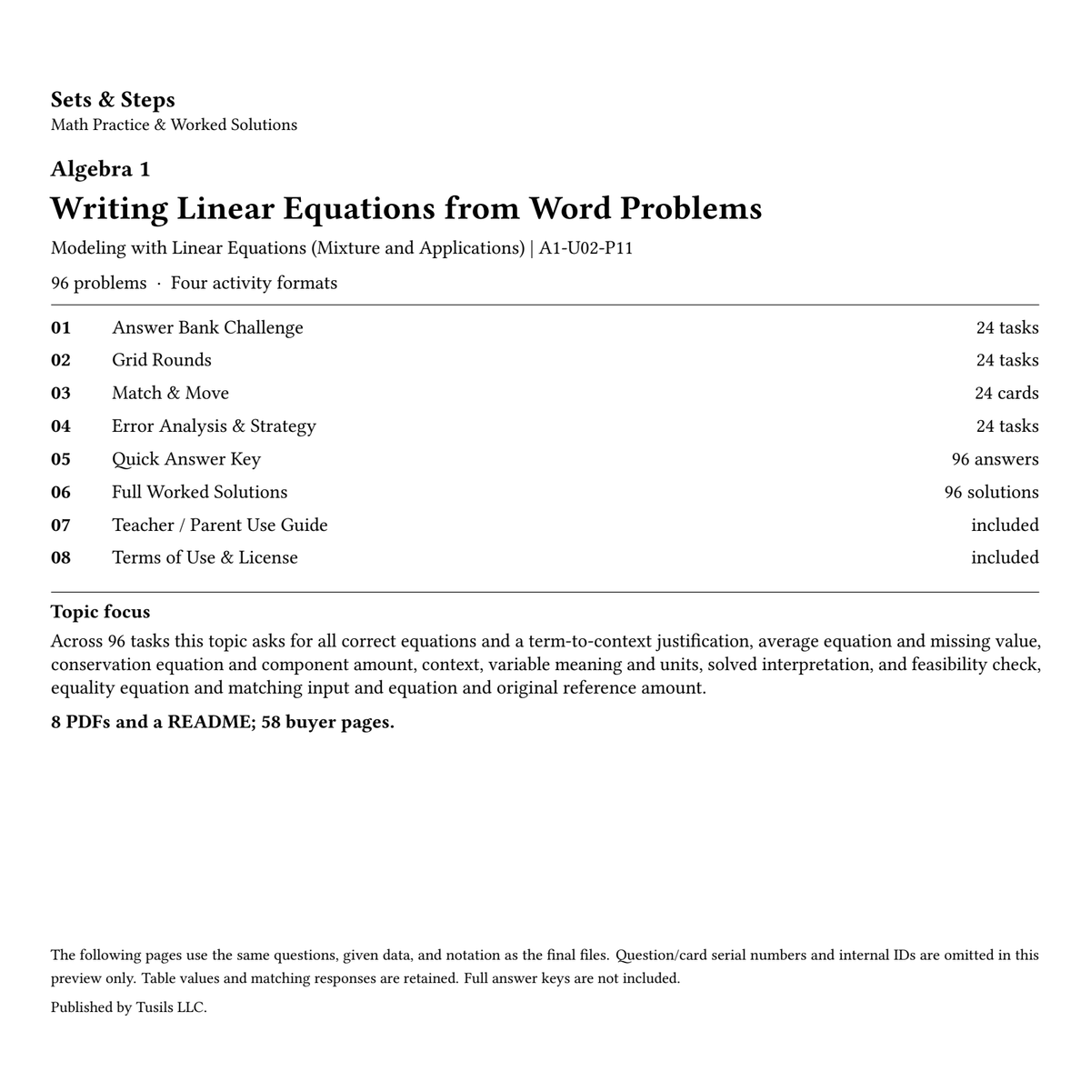 Writing Linear Equations from Word Problems | Algebra 1 | 96 Problems — 01_Cover.png