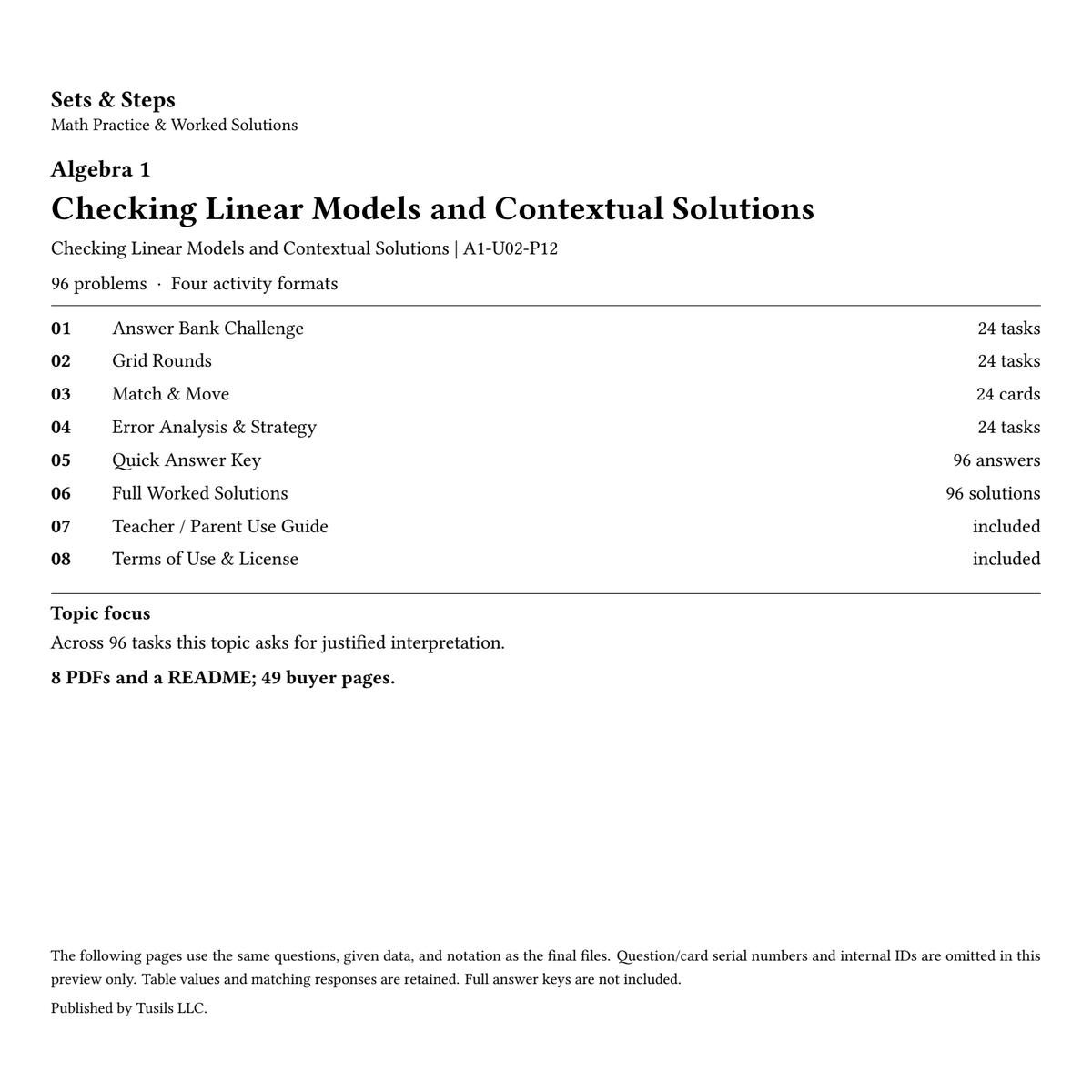 Checking Linear Models and Contextual Solutions | Algebra 1 | 96 Problems — 01_Cover.png