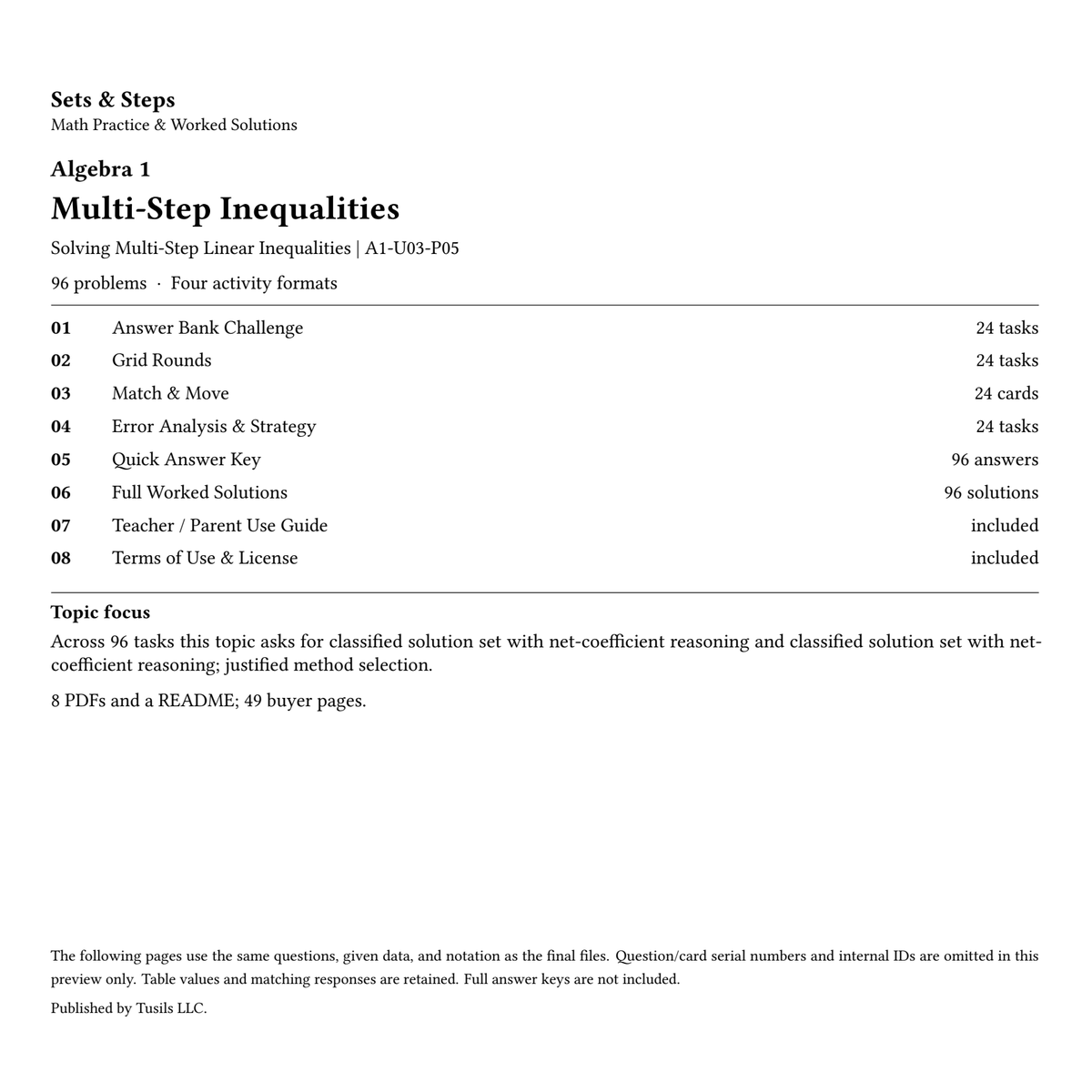 Multi-Step Inequalities | Algebra 1 | 96 Problems — 01_Cover.png