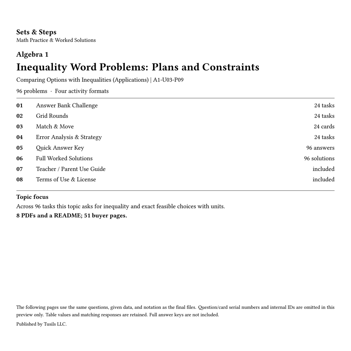 Inequality Word Problems: Plans and Constraints | Algebra 1 | 96 Problems — 01_Cover.png