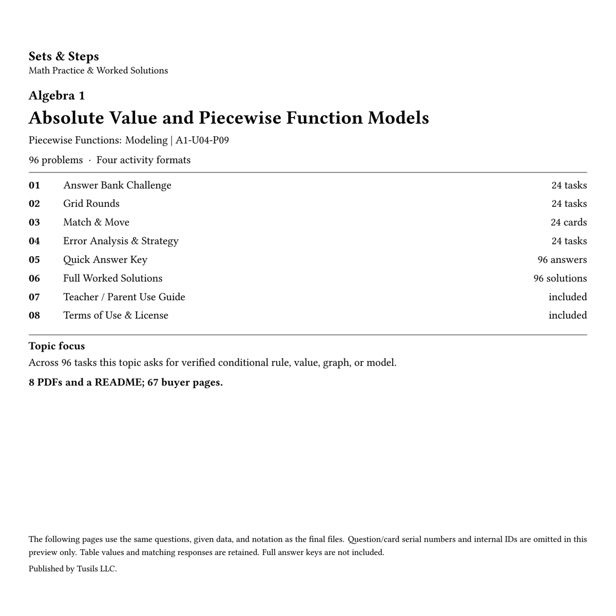 Absolute Value and Piecewise Function Models | Algebra 1 | 96 Problems — 01_Cover.png