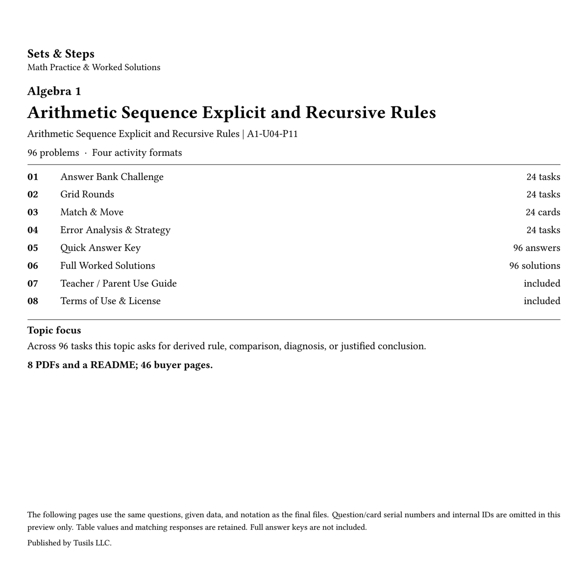 Arithmetic Sequence Explicit and Recursive Rules | Algebra 1 | 96 Problems — 01_Cover.png
