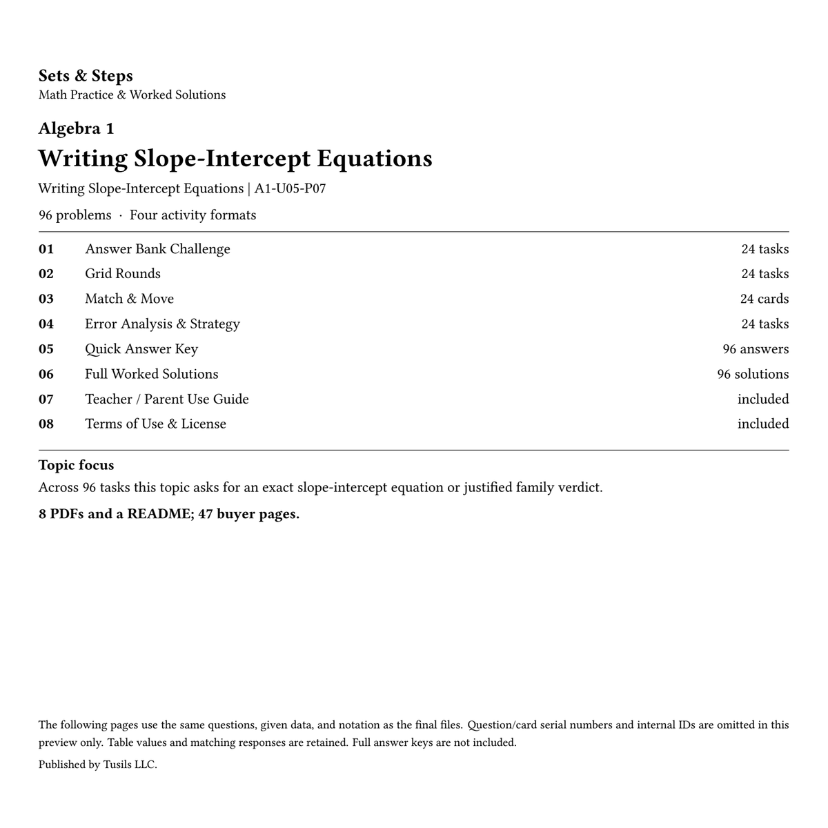 Writing Slope-Intercept Equations | Algebra 1 | 96 Problems — 01_Cover.png