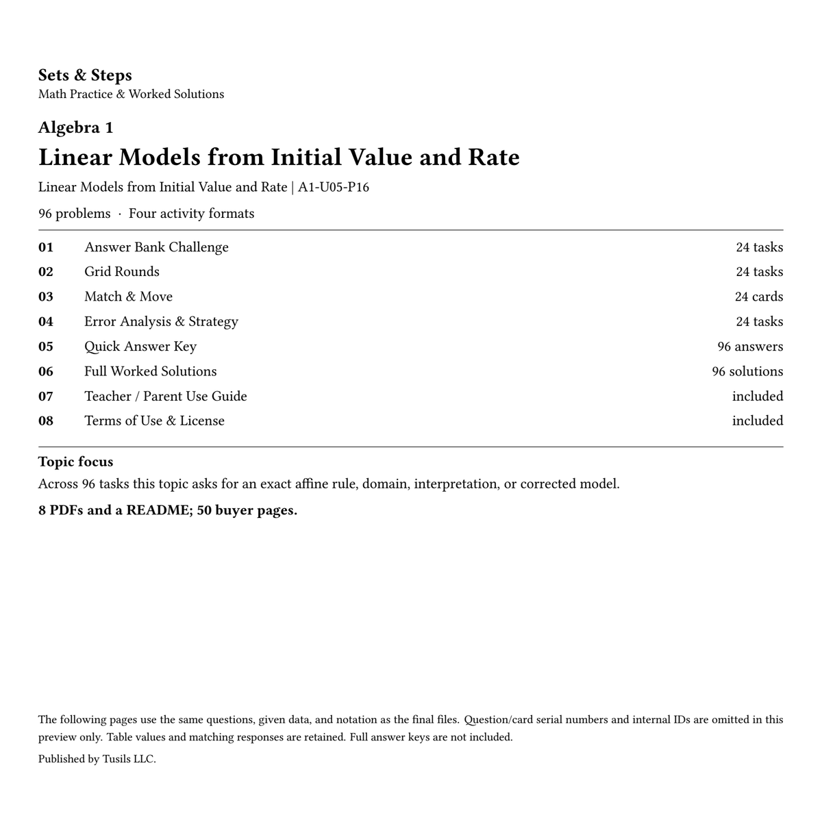 Linear Models from Initial Value and Rate | Algebra 1 | 96 Problems — 01_Cover.png