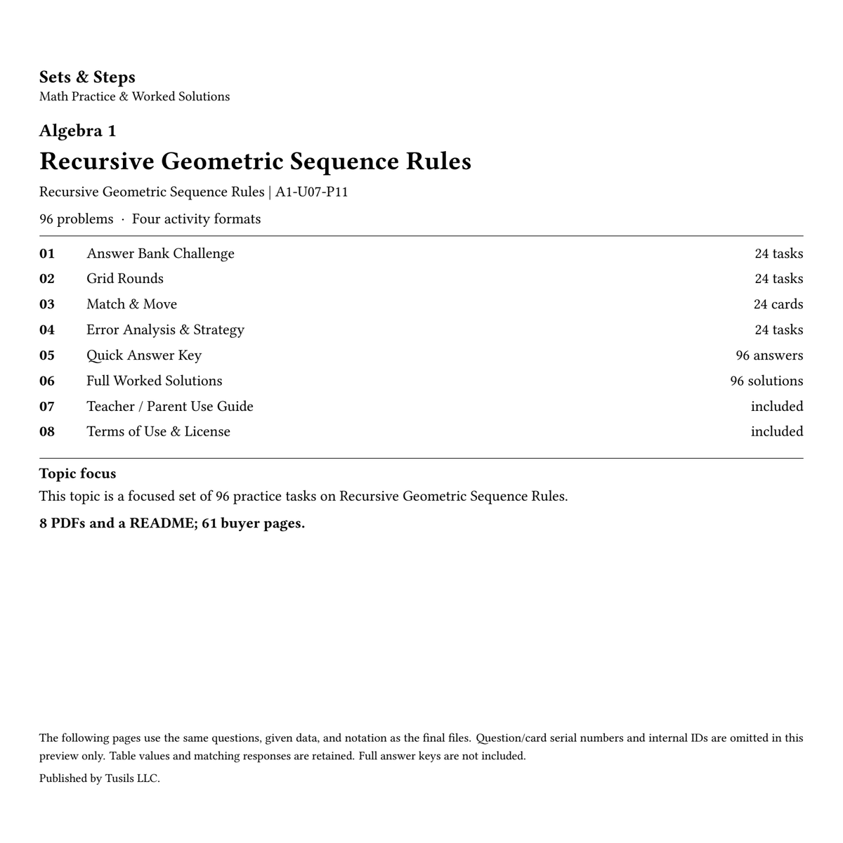 Recursive Geometric Sequence Rules | Algebra 1 | 96 Problems — 01_Cover.png