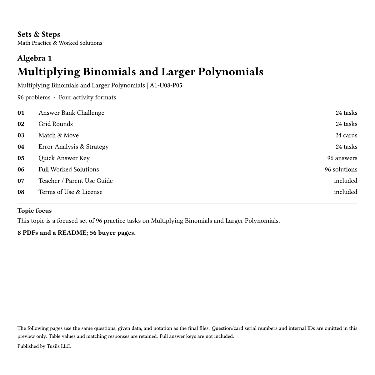Multiplying Binomials and Larger Polynomials | Algebra 1 | 96 Problems — 01_Cover.png