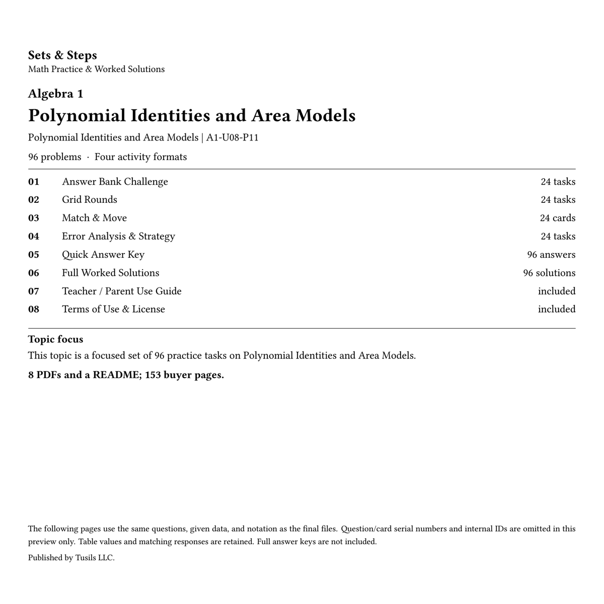 Polynomial Identities and Area Models | Algebra 1 | 96 Problems — 01_Cover.png