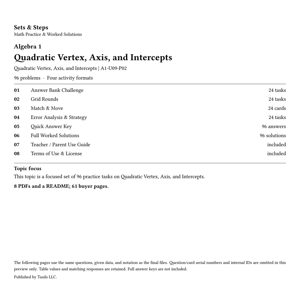 Quadratic Vertex, Axis, and Intercepts | Algebra 1 | 96 Problems — 01_Cover.png