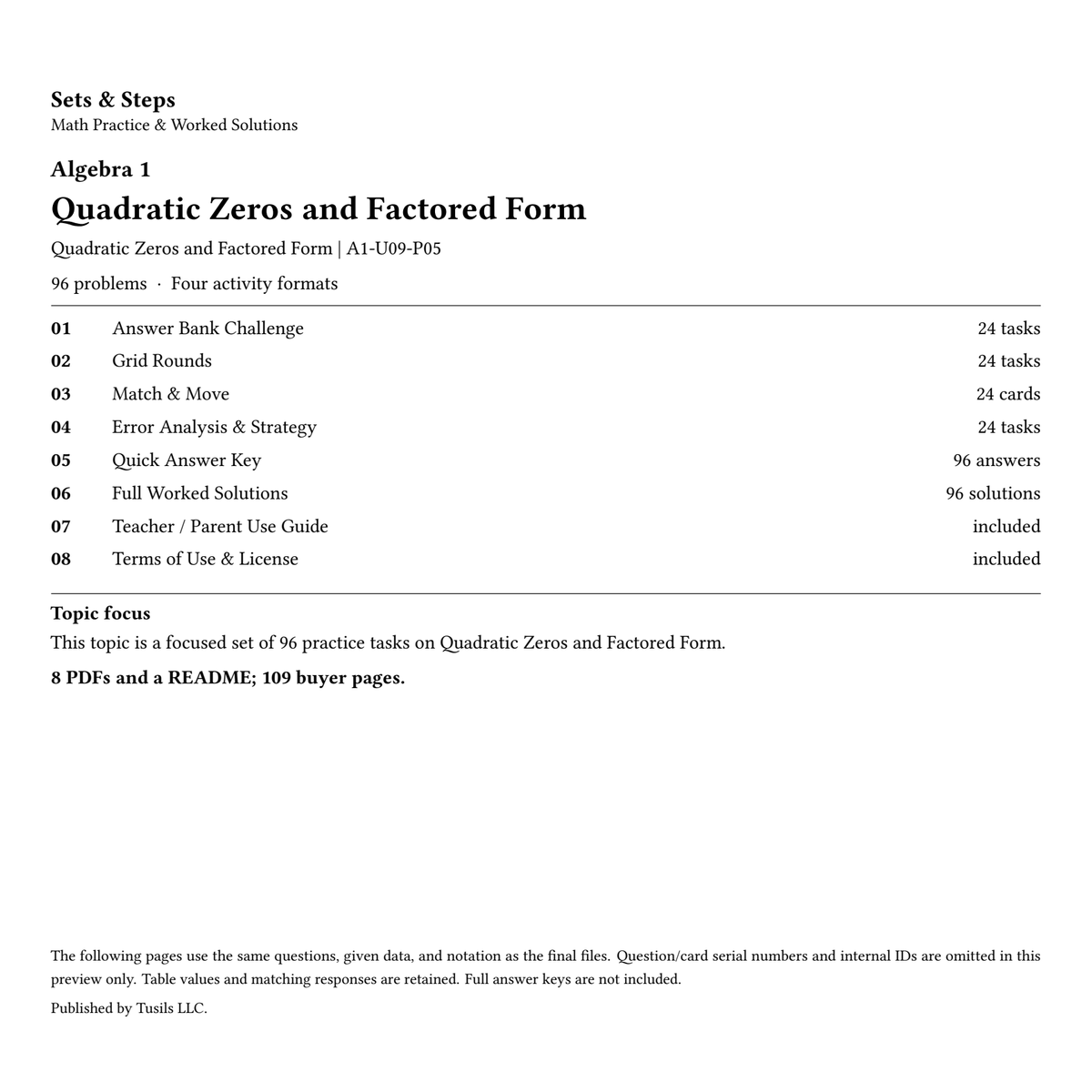 Quadratic Zeros and Factored Form | Algebra 1 | 96 Problems — 01_Cover.png