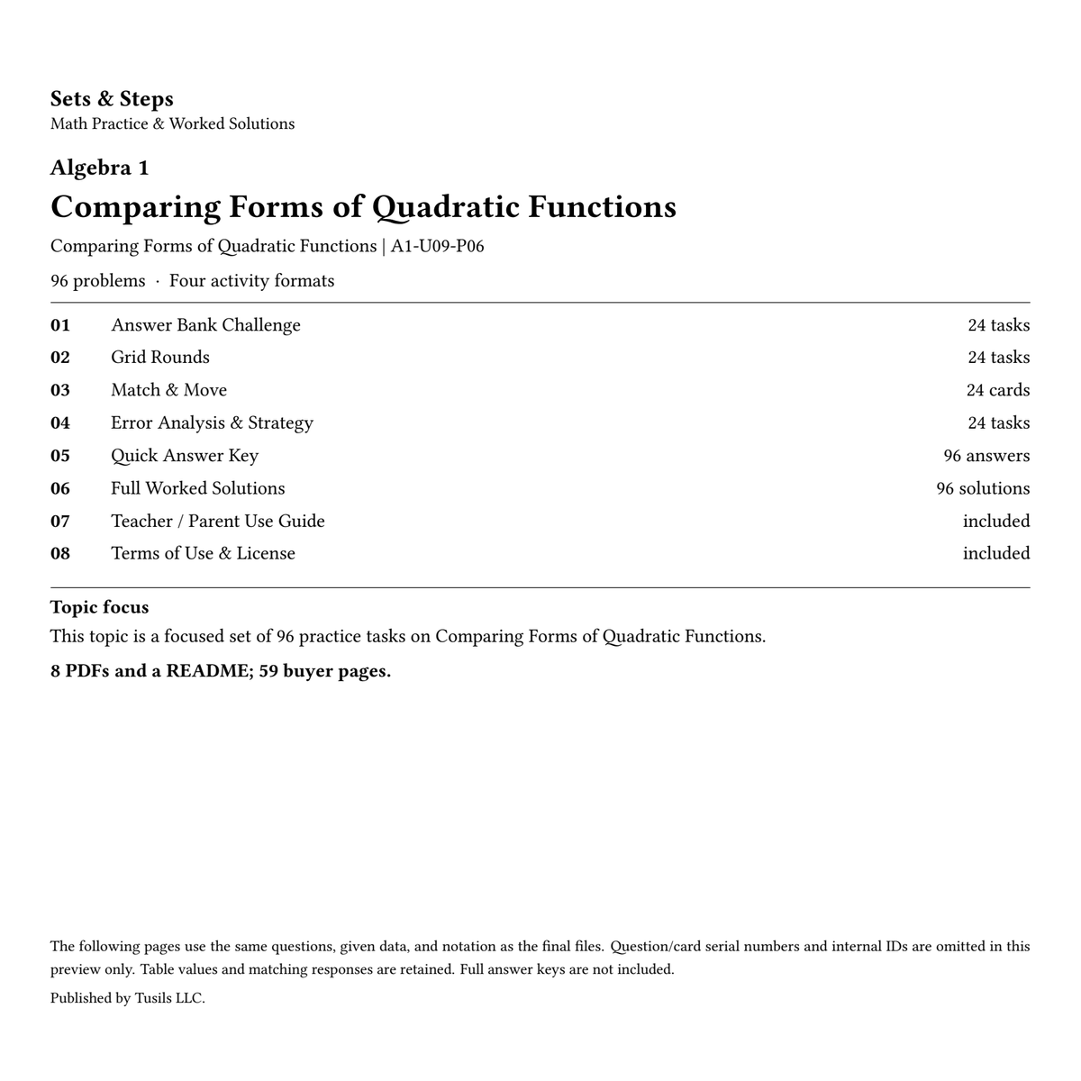 Comparing Forms of Quadratic Functions | Algebra 1 | 96 Problems — 01_Cover.png