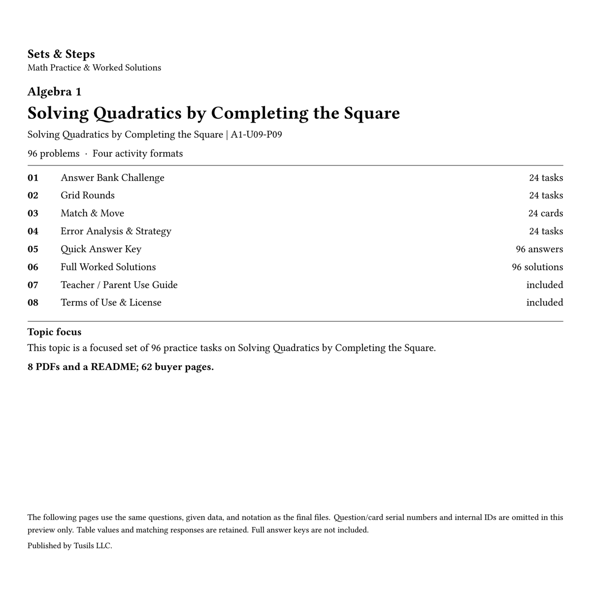 Solving Quadratics by Completing the Square | Algebra 1 | 96 Problems — 01_Cover.png