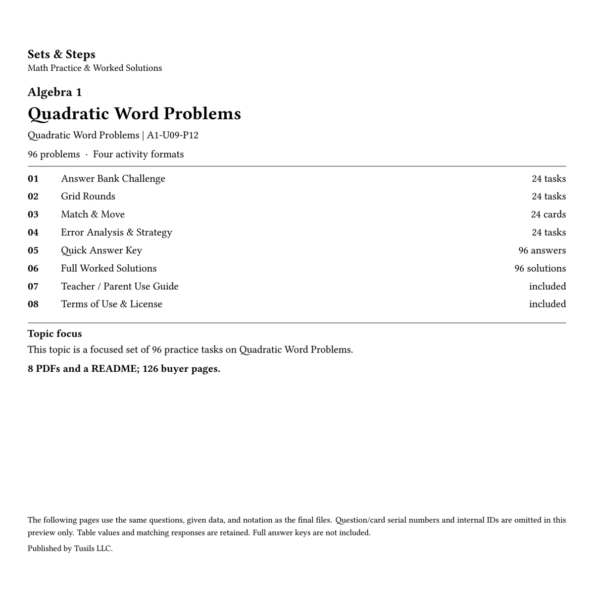 Quadratic Word Problems | Algebra 1 | 96 Problems — 01_Cover.png