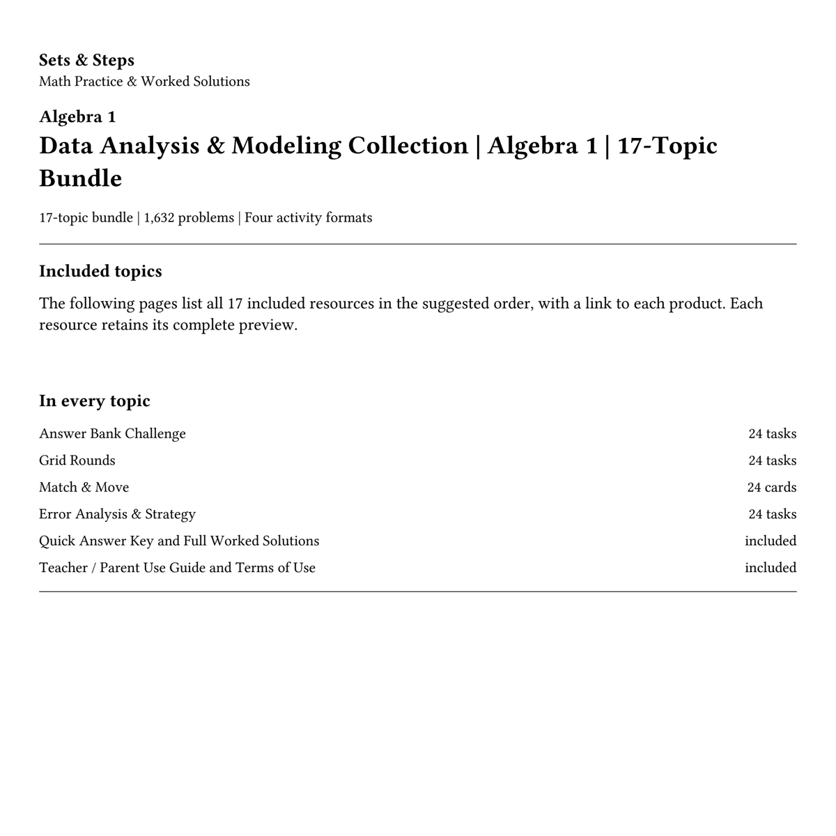 Data Analysis & Modeling Collection | Algebra 1 | 17-Topic Bundle — 01_Cover.png