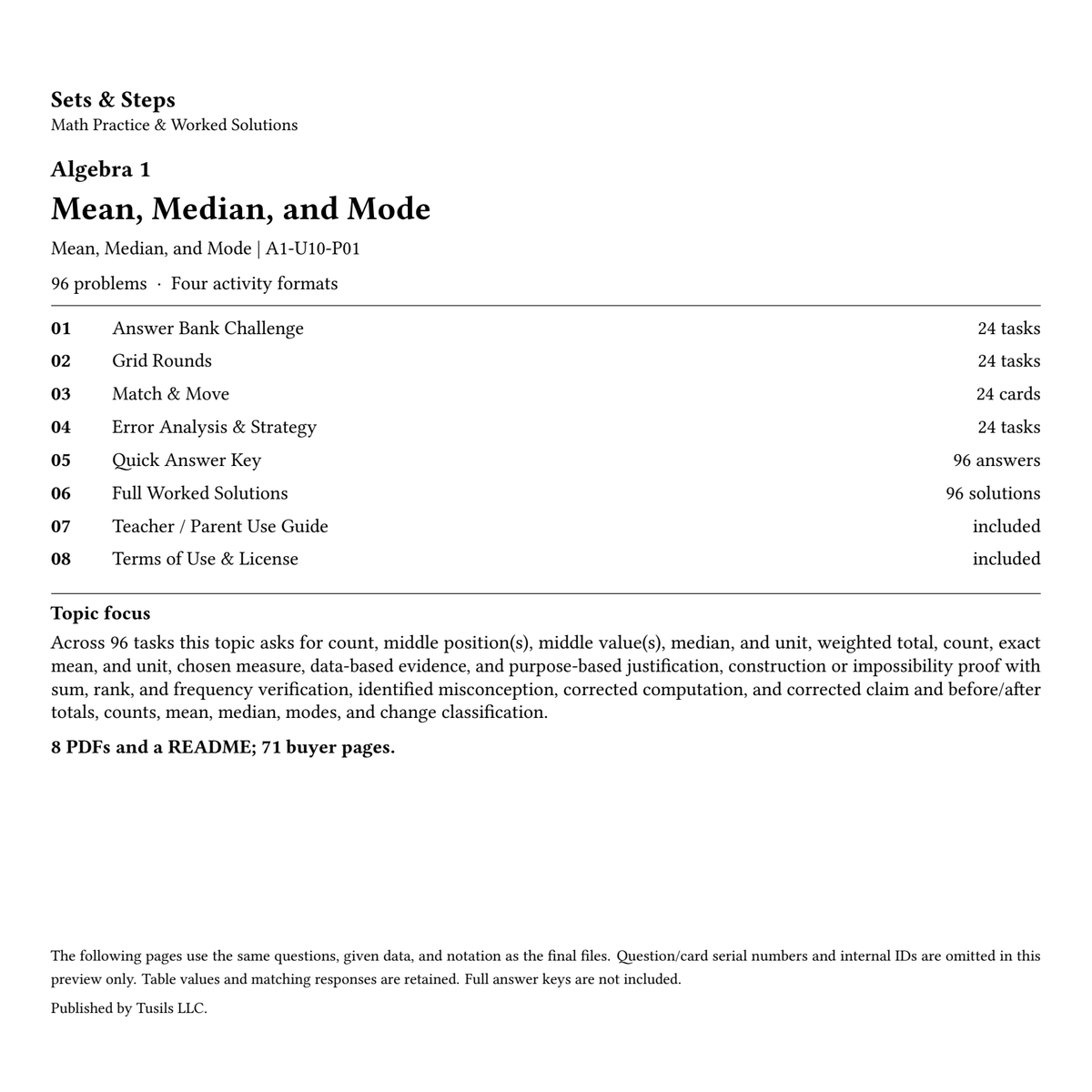 Mean, Median, and Mode | Algebra 1 | 96 Problems — 01_Cover.png