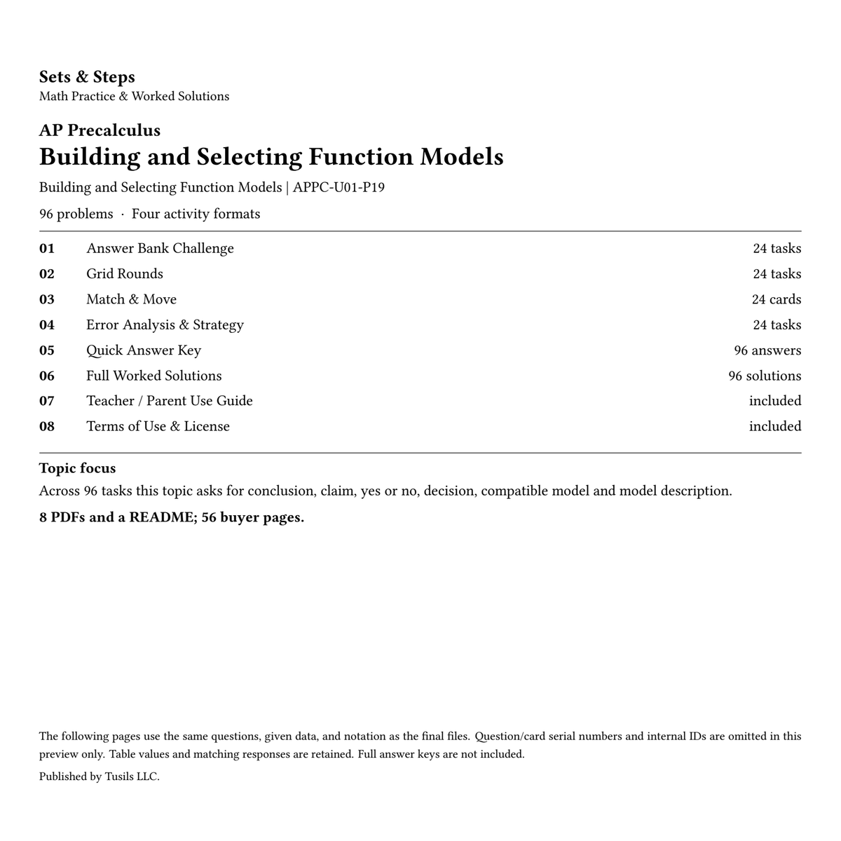 Building and Selecting Function Models | Precalculus | 96 Problems — 01_Cover.png