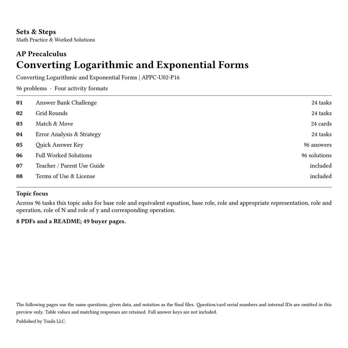 Converting Logarithmic and Exponential Forms | Precalculus | 96 Problems — 01_Cover.png