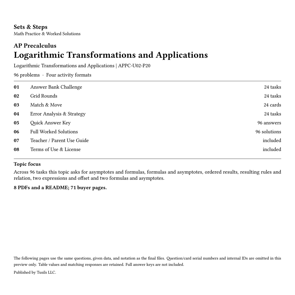 Logarithmic Transformations and Applications | Precalculus | 96 Problems — 01_Cover.png